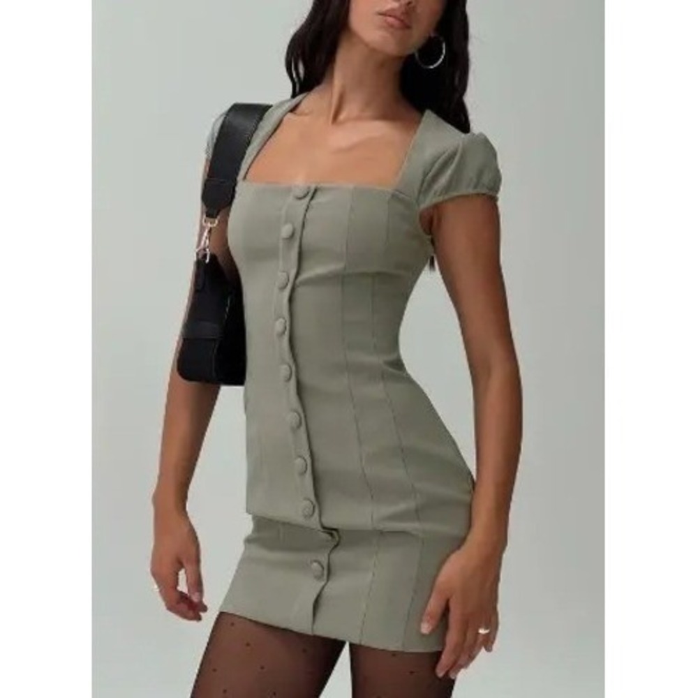 Princess Polly | Sage Green/Grey Square Neck Button Front Mini Dress | Size 4
